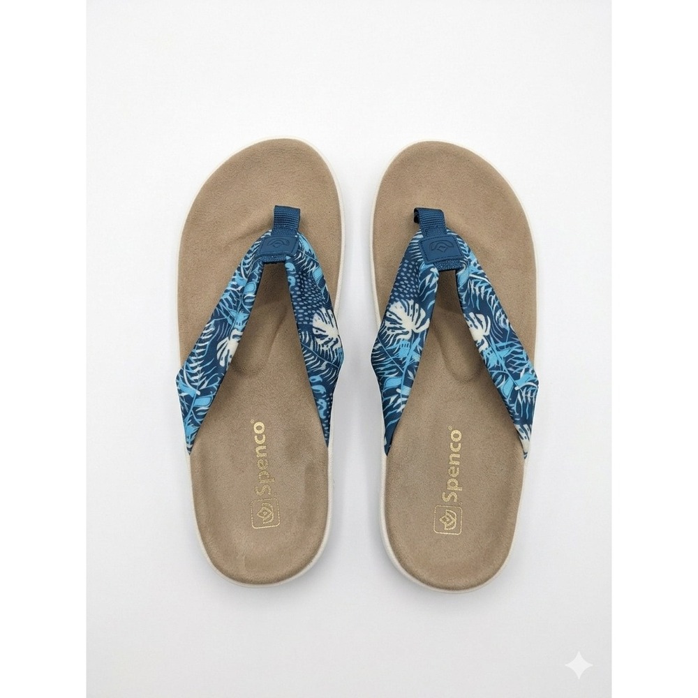 Spenco‎ Womens Orthotic Flip Flop Sandals Blue Tropical Palm Leaf Print Thong